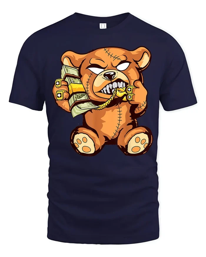 Funny Money Teddy Bear Gangster Cartoon Graphic T Shirt - navy t-shirt on white background