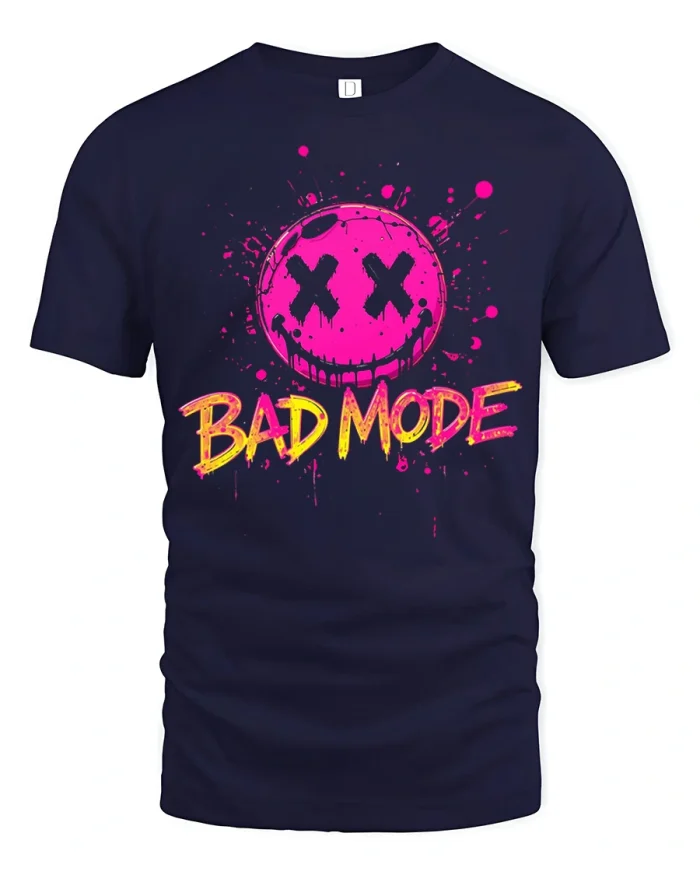 Bad Mode Neon Smile Face Graffiti Style Graphic T Shirt - navy t-shirt on white background
