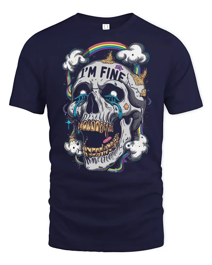 Im Fine Crying Skull Funny Dark Humor Rainbow Graphic T Shirt - navy t-shirt on white background