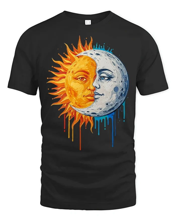 Sun And Moon Face Graphic T Shirt Cosmic Balance Art Style - black t-shirt on white background