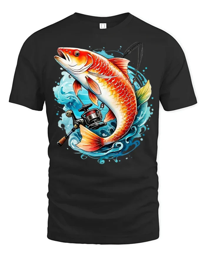 Koi Fish Fishing Graphic T Shirt Colorful Angler Art Style - black t-shirt on white background