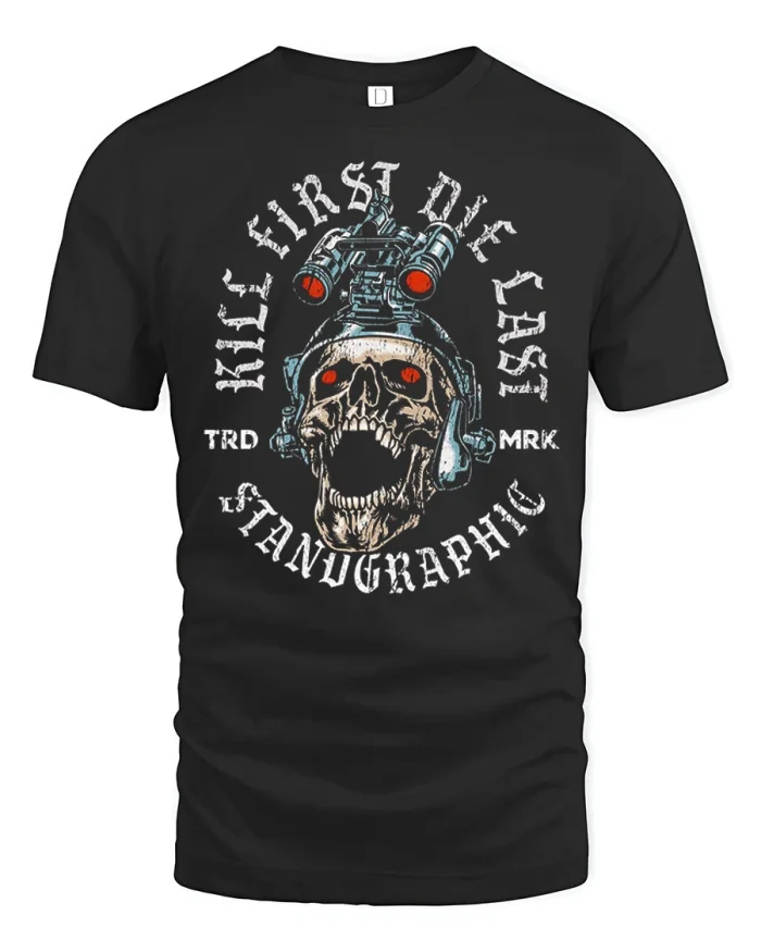 Kill First Die Last Stenographic Skull Graphic T Shirt - black t-shirt on white background