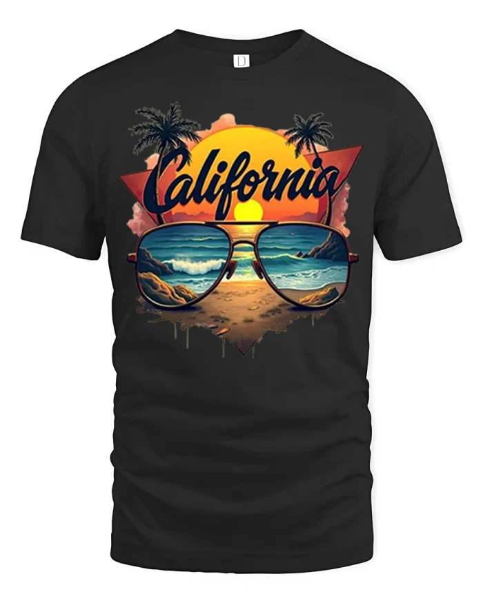 California Beach Sunset Graphic T Shirt Retro Summer Vibes - black t-shirt on white background