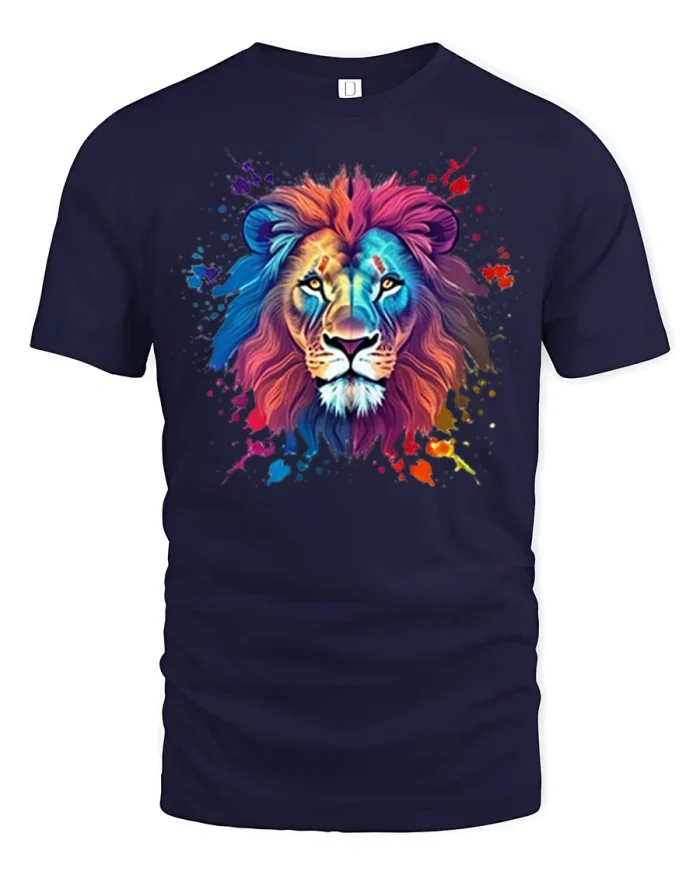 Colorful Lion Head Graphic T Shirt Bold Artistic Animal Style - navy t-shirt on white background