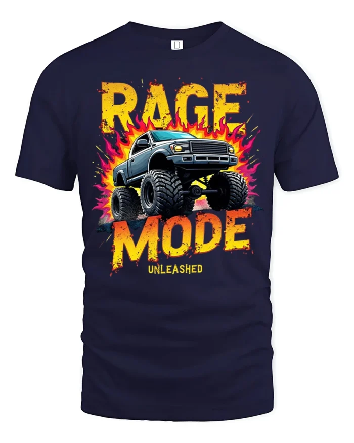 Rage Mode Unleashed Monster Truck Graphic T Shirt Bold Power Style - navy t-shirt on white background