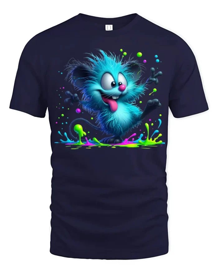 Funny Fuzzy Monster Splash Graphic T Shirt Cute Crazy Cartoon Vibes - navy t-shirt on white background