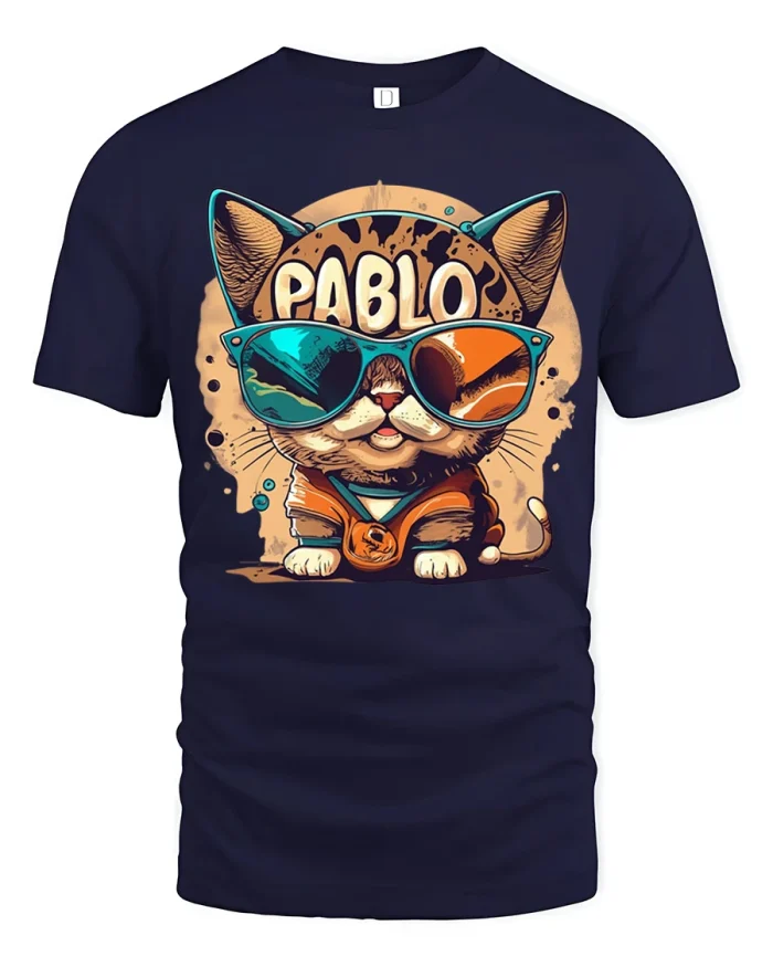 Pablo Cool Cat Sunglasses Graphic T Shirt Funny Stylish Kitty Vibes - navy t-shirt on white background