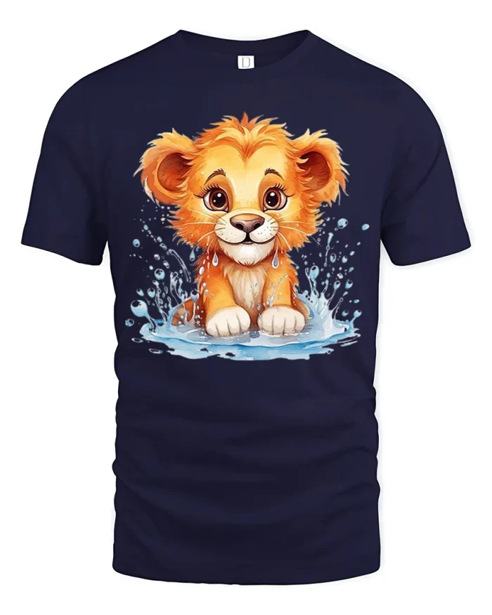 Cute Baby Lion Splash Graphic T Shirt Adorable Cub Cartoon Style Tee - navy t-shirt on white background