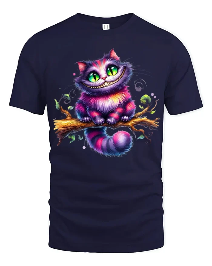 Trippy Grinning Cheshire Style Cat Graphic T Shirt Colorful Fantasy Tee - navy t-shirt on white background