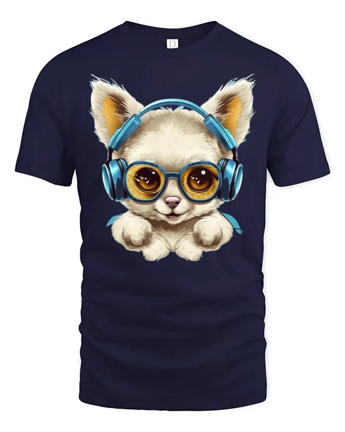Cute Puppy DJ Headphones Tshirt Funny Music Lover Graphic Tee - navy t-shirt on white background