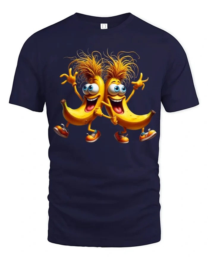 Funny Dancing Banana Duo Tshirt Cute Cartoon Fruit Graphic Tee - navy t-shirt on white background