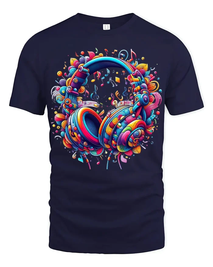 Colorful Music Headphones Tshirt Vibrant Sound Art Graphic Tee - navy t-shirt on white background