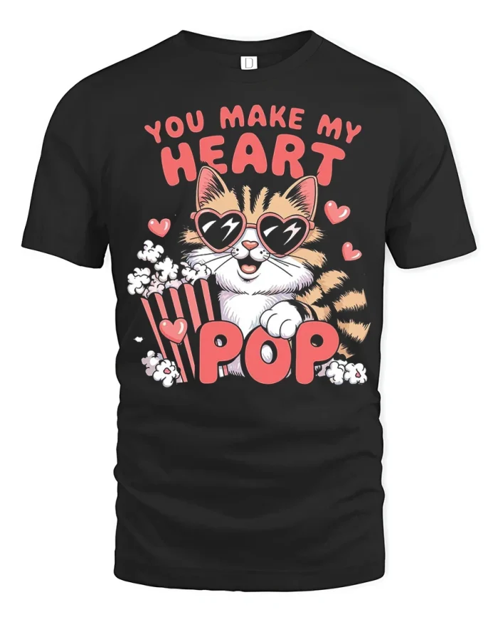 You Make My Heart Pop Cute Cat Popcorn Lover T Shirt - black t-shirt on white background
