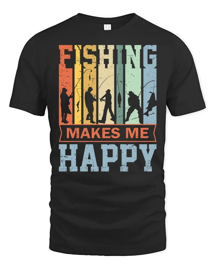Fishing Makes Me Happy Vintage Sunset Graphic T Shirt - black t-shirt on white background
