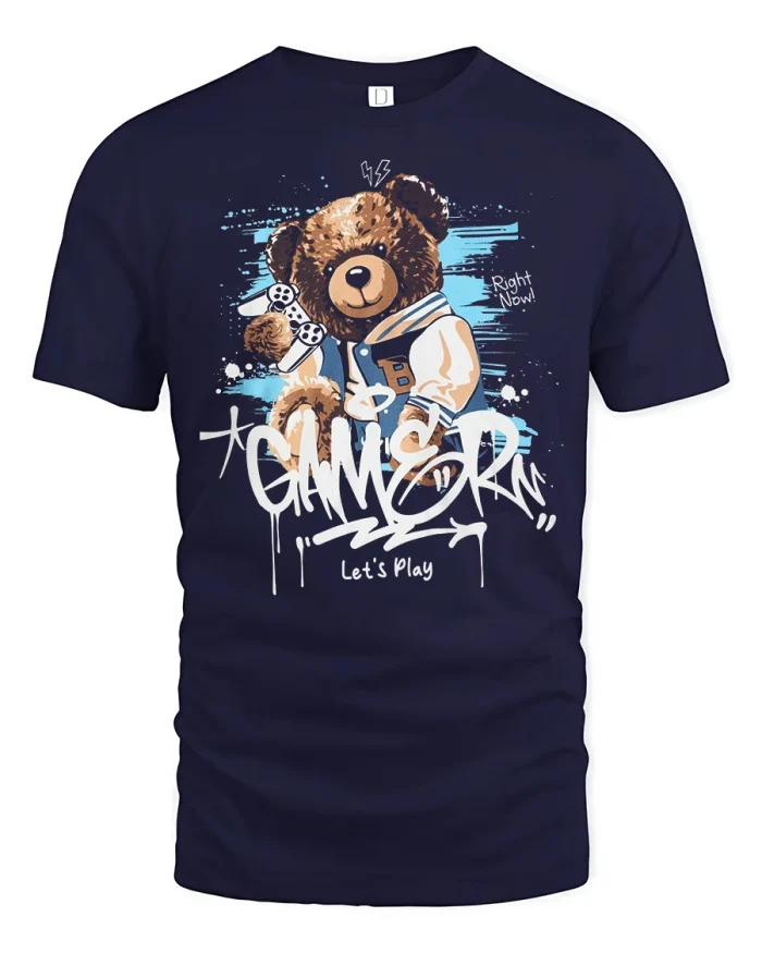 Gamer Bear Controller Tshirt Funny Cute Gaming Graphic Tee Style - navy t-shirt on white background