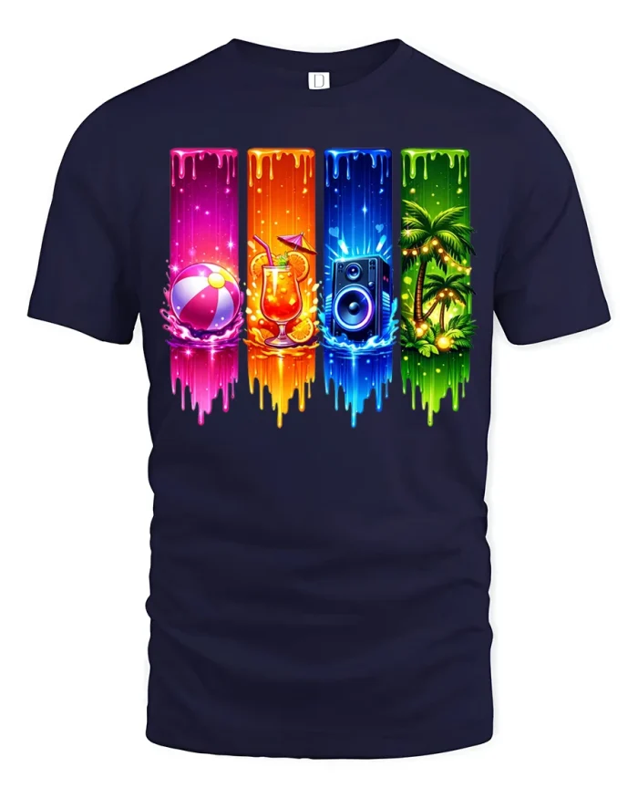 Retro Neon Summer Vibes Tshirt Colorful Party Graphic Tee Style - navy t-shirt on white background