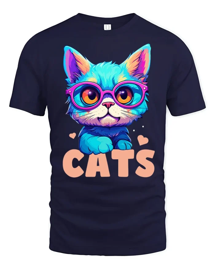 Cute Colorful Cats With Glasses Cartoon Graphic T Shirt - navy t-shirt on white background