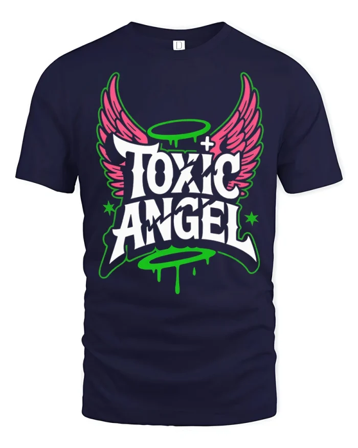 Toxic Angel Graphic Street Style Bold Wings Urban T Shirt - navy t-shirt on white background