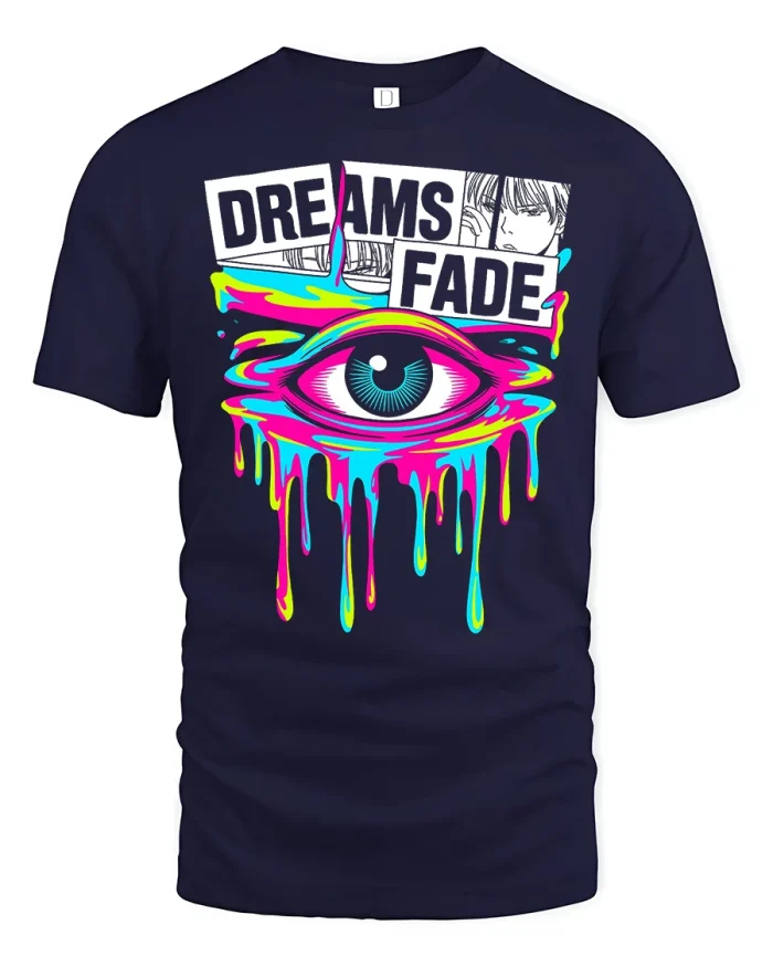 Dreams Fade Eye Graphic Neon Drip Aesthetic Streetwear T Shirt - navy t-shirt on white background