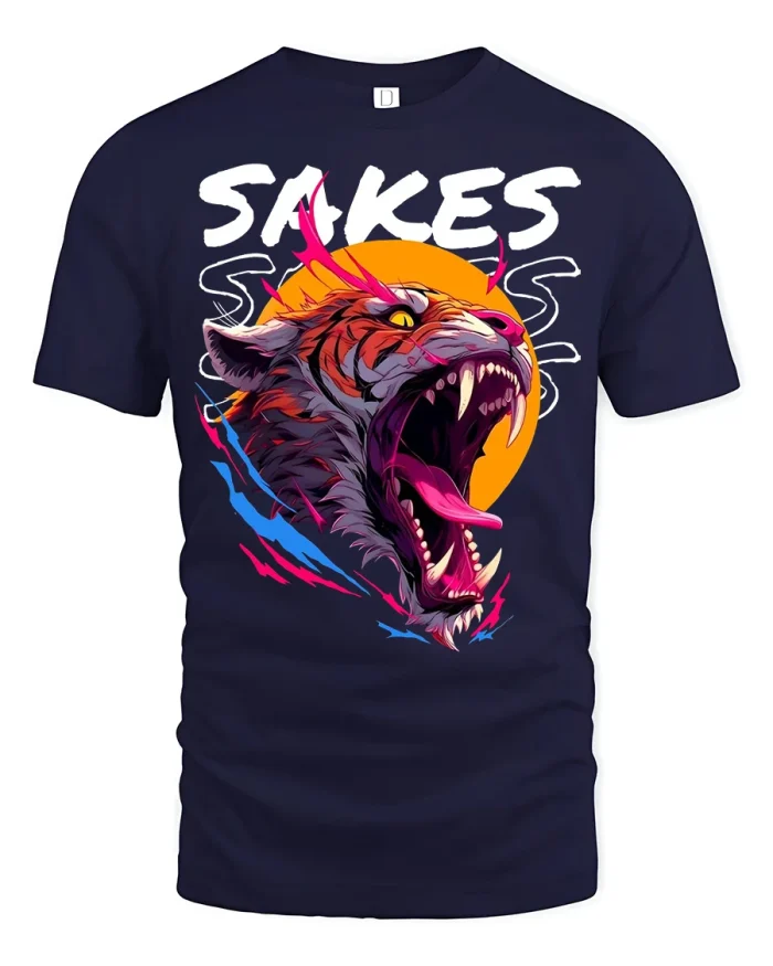 Savage Roaring Tiger Neon Graphic Streetwear T Shirt Bold Style - navy t-shirt on white background