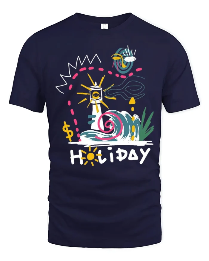 Fun Holiday Vibes Lighthouse Wave Graphic T Shirt Beach Mood - navy t-shirt on white background
