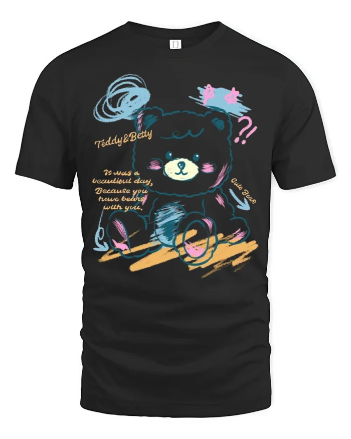 Cute Teddy Bear Doodle Graphic T Shirt Sweet Aesthetic Style - black t-shirt on white background