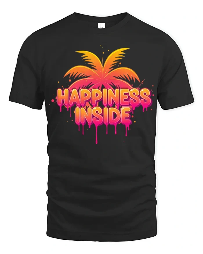 Happiness Inside Tropical Palm Graphic T Shirt Bright Summer Vibe - black t-shirt on white background