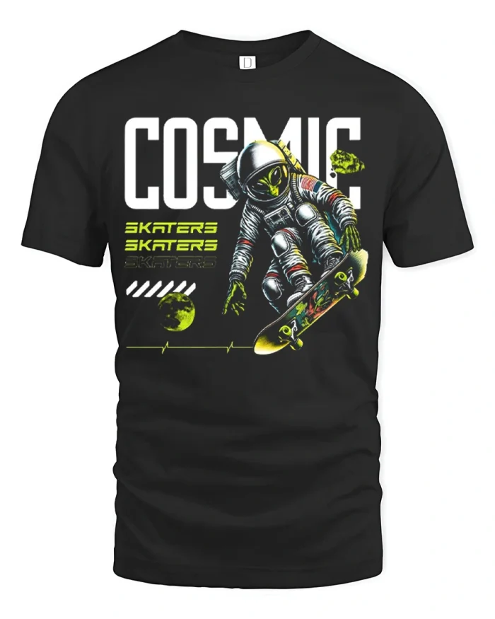 Cosmic Skaters Astronaut Skateboard Graphic T Shirt Space Street Style - black t-shirt on white background