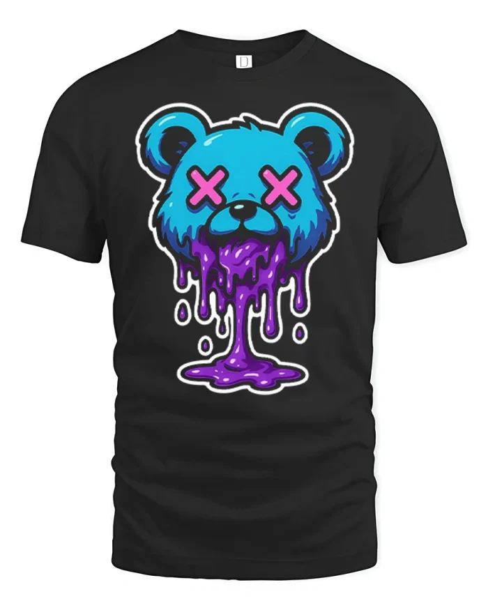Dripping Neon Teddy Bear Graphic T Shirt Edgy Street Art Style - black t-shirt on white background