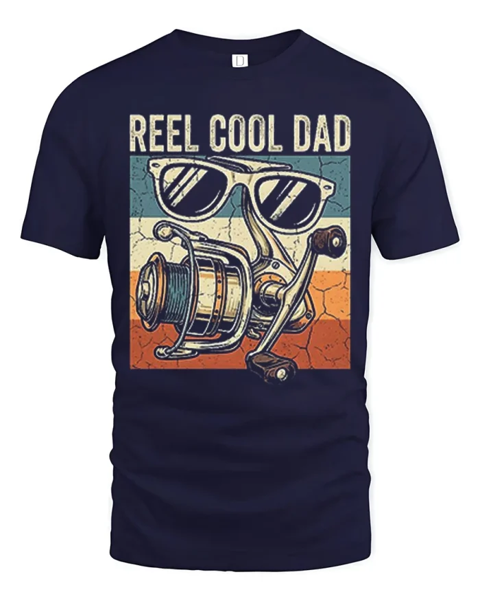 Reel Cool Dad Fishing T Shirt Vintage Sunglasses Graphic Tee - navy t-shirt on white background