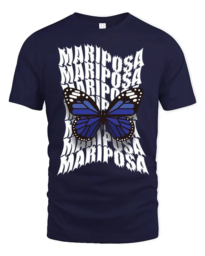 Mariposa Butterfly Graphic T Shirt Retro Distortion Art Tee - navy t-shirt on white background