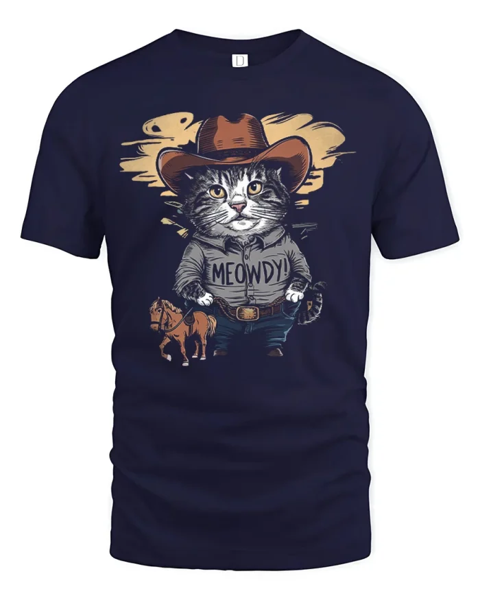 Meowdy Cowboy Cat Graphic T Shirt Funny Western Cat Tee - navy t-shirt on white background