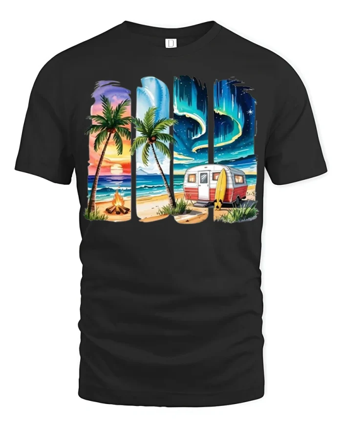 Vintage USA Beach Camper Sunset Palm Trees Travel Graphic T Shirt - black t-shirt on white background