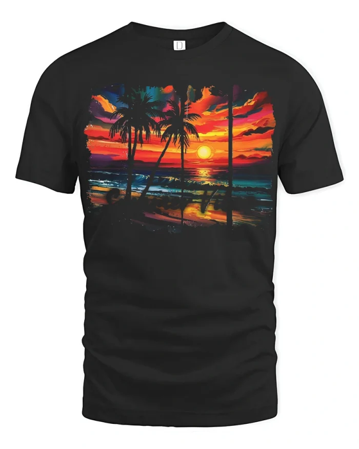 Tropical Sunset Beach Palm Trees Ocean Vibes Graphic T Shirt - black t-shirt on white background