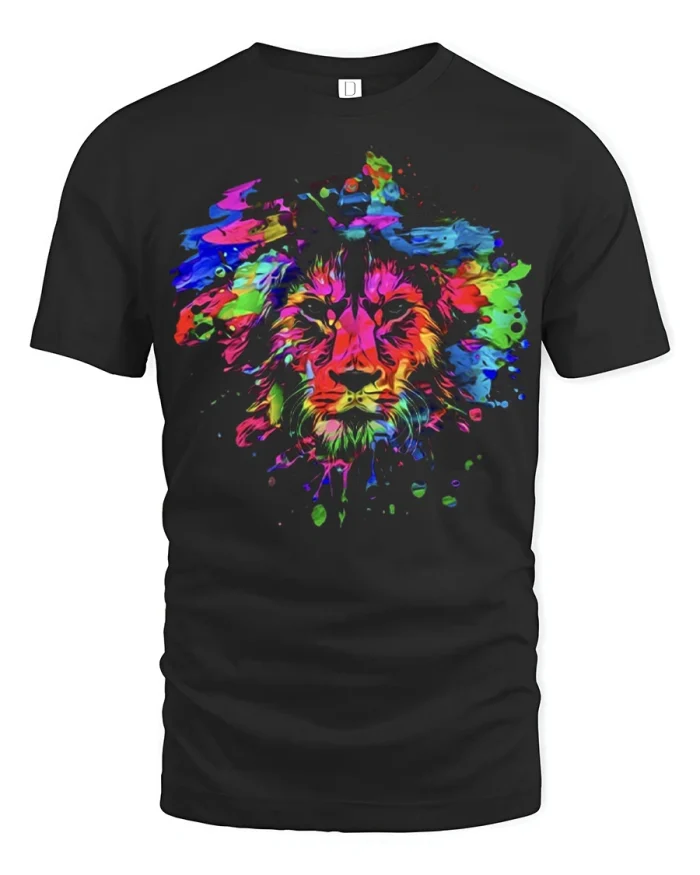 Color Splash Lion Graphic T Shirt Bold Artistic Streetwear Tee - black t-shirt on white background