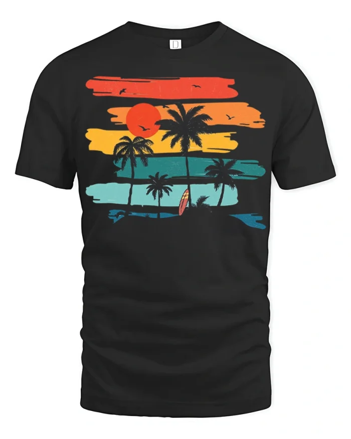 Vintage Sunset Beach Palm Tree Graphic T Shirt Retro Summer Vibes Tee - black t-shirt on white background