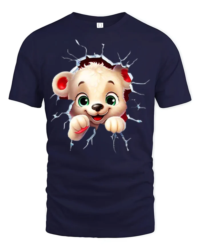 Cute Bear Breaking Wall Graphic T Shirt Funny Cartoon Style Tee - navy t-shirt on white background