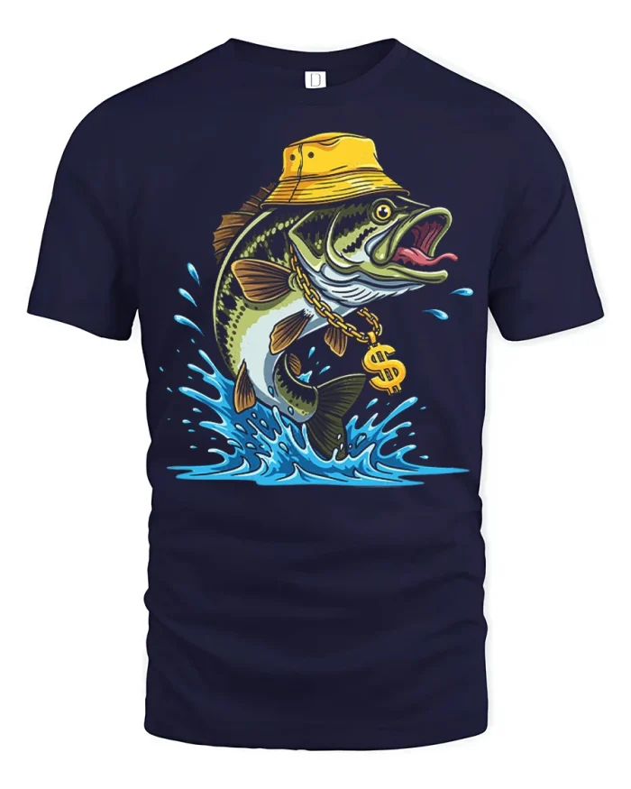 Funny Rich Bass Fishing Tee with Gold Chain Cool Angler Vibe - navy t-shirt on white background