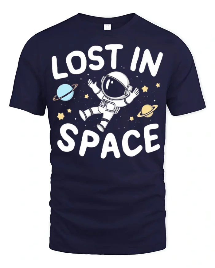 Funny Lost In Space Astronaut Tee Cute Galaxy Cartoon Tshirt - navy t-shirt on white background