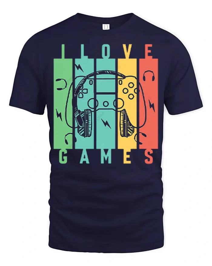 I Love Games Gaming Tee Retro Controller Headphones Graphic Tshirt - navy t-shirt on white background