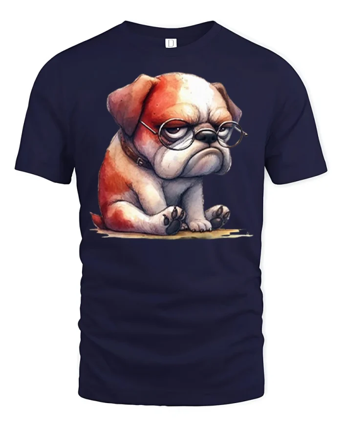 Grumpy Bulldog with Glasses Funny Dog Lover Tee Cute Attitude Tshirt - navy t-shirt on white background