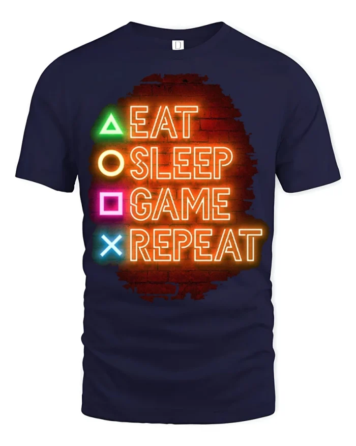 Eat Sleep Game Repeat Neon Gamer Lifestyle Graphic T Shirt - navy t-shirt on white background