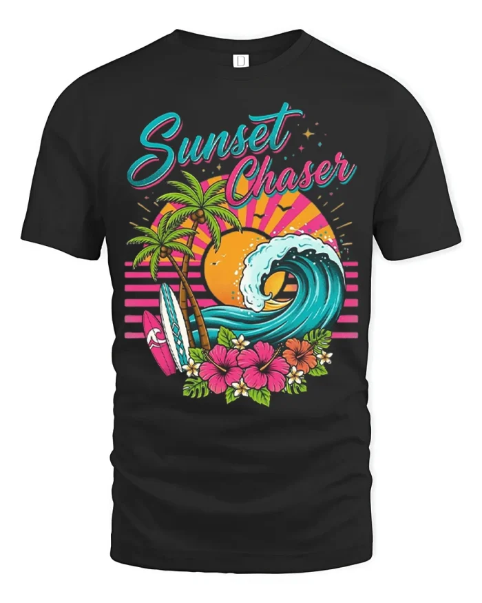 Sunset Chaser Retro Beach Wave Tropical Vibes Graphic T Shirt - black t-shirt on white background