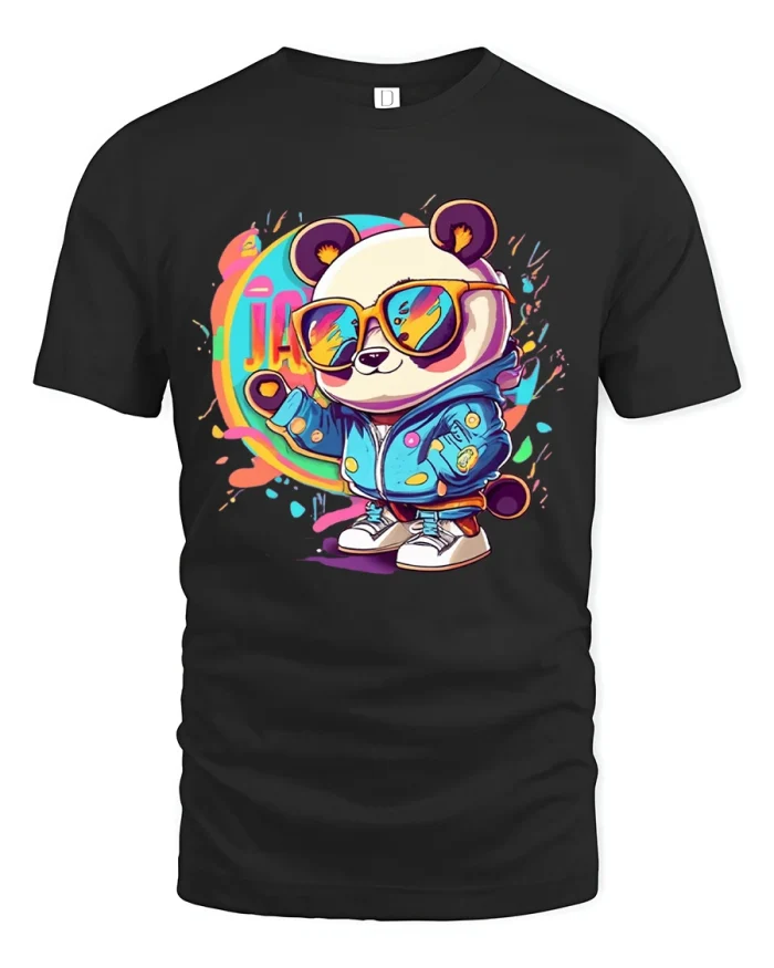 Cool Panda Street Style Sunglasses Graffiti Vibes Graphic T Shirt - black t-shirt on white background