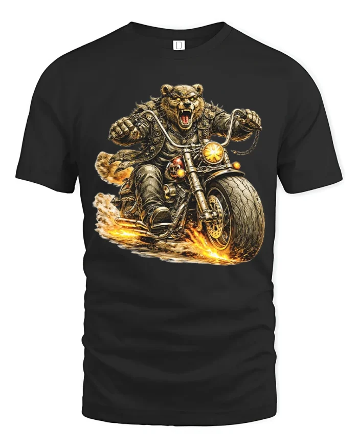 Fierce Bear Biker Flaming Wheels Savage Rider Graphic T Shirt - black t-shirt on white background