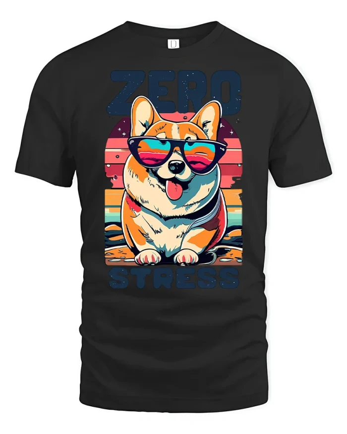 Zero Stress Corgi Dog T Shirt Funny Chill Summer Vibe Style - black t-shirt on white background