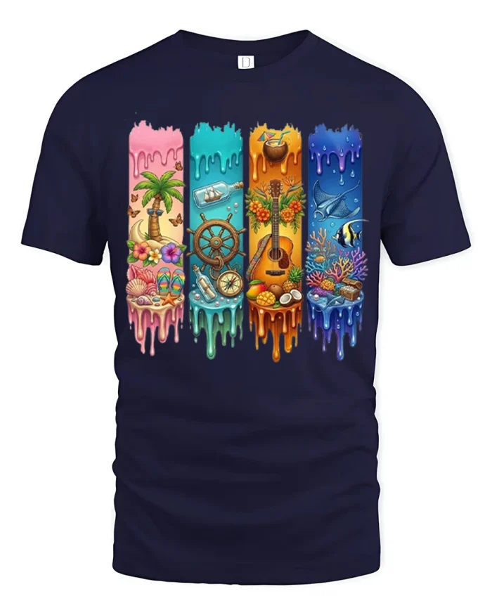 Colorful Tropical Beach Life Collage Summer Vibes Graphic T Shirt - navy t-shirt on white background