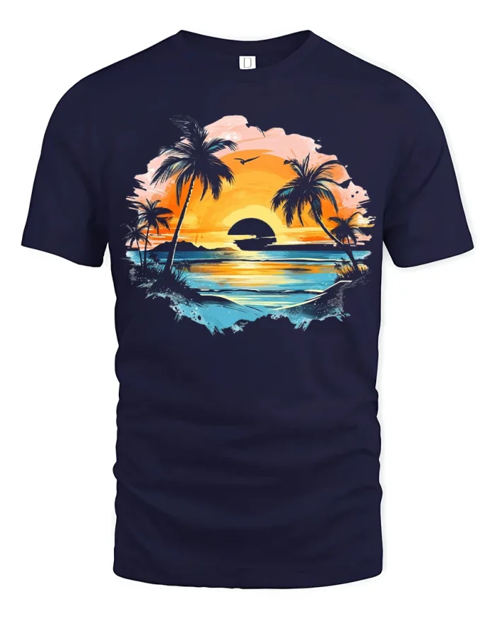 Tropical Sunset Beach Vibes Graphic T Shirt Relaxed Summer Style Tee - navy t-shirt on white background
