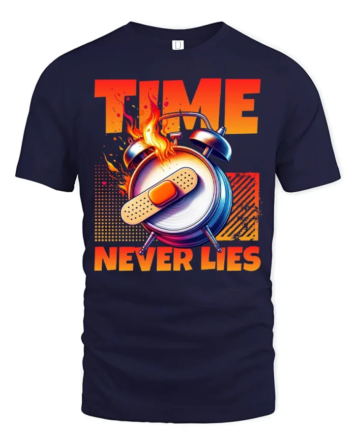 Time Never Lies Funny Alarm Clock Graphic T Shirt Bold Retro Style Tee - navy t-shirt on white background