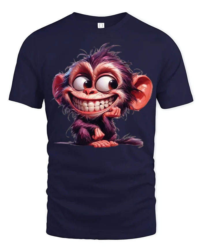 Funny Grinning Monkey Cartoon Graphic T Shirt Playful Humor Tee - navy t-shirt on white background